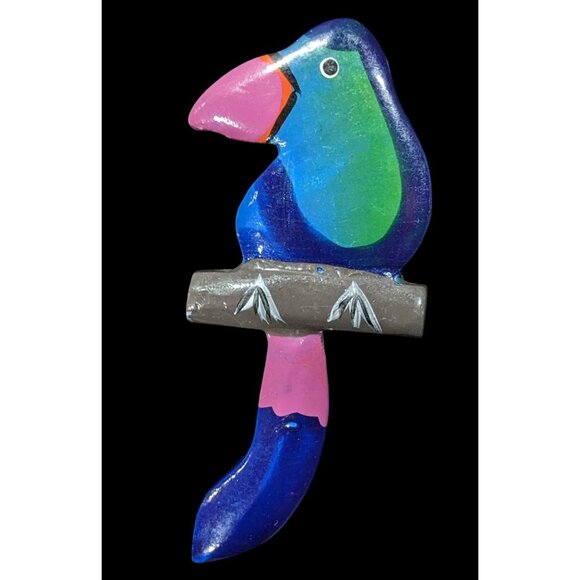 Jewelry - Vintage Rainforest Hand Painted Wooden Bird Brooch